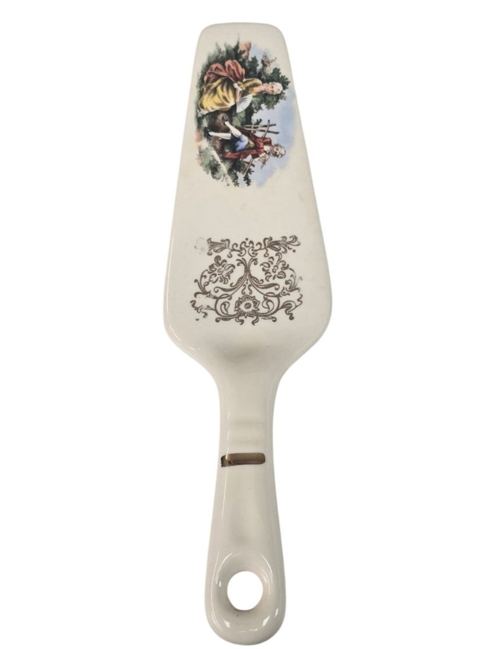 Vintage Ceramic Cake Server Romantic Pastoral Scene & Ornate Design